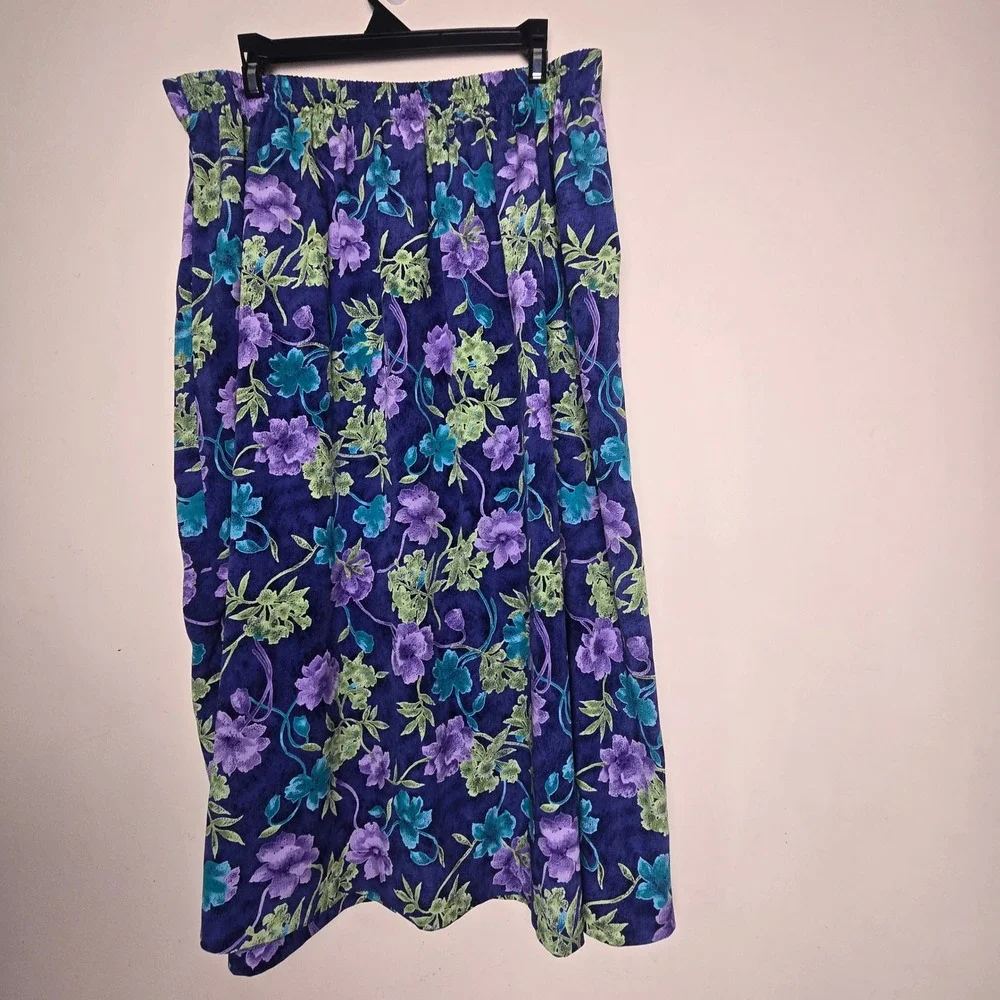Vintage 90s Grandma Floral Midi Skirt Blue Purple Faux Button Size 16